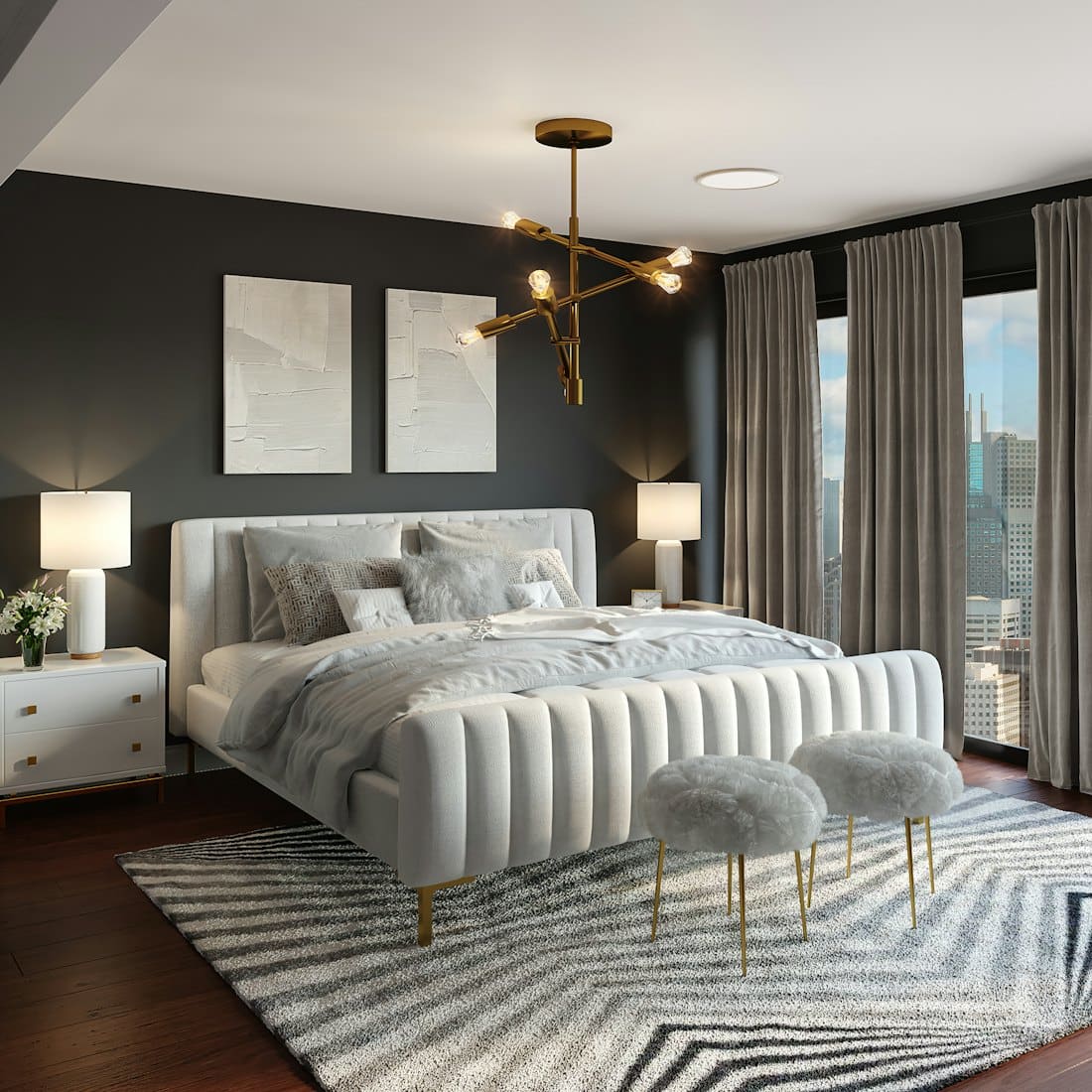 Serene bedroom with upholstered bed and brass chandelier