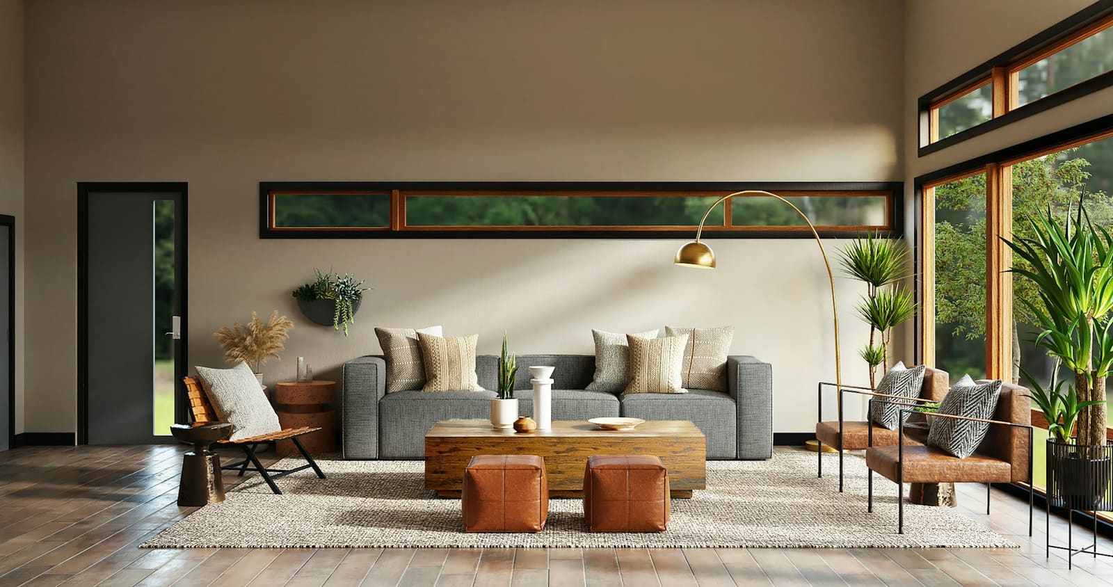Sunlit open living room with a low sofa, timber floor and tall windows