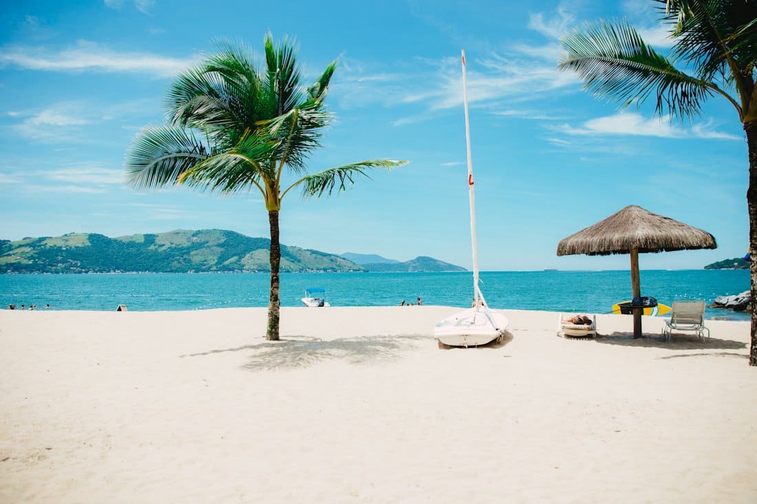 Palm trees and thatched umbrella on a white sand beach